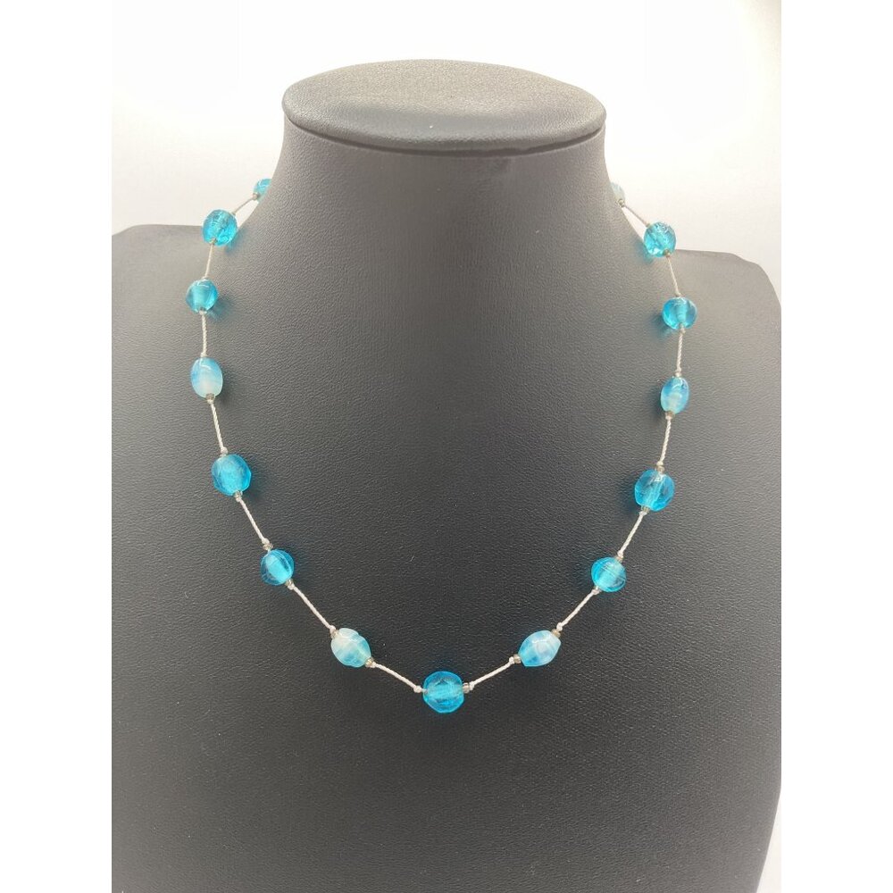 16" Aqua Blue Beaded Necklace 16" Silver Tone Chain By NY
